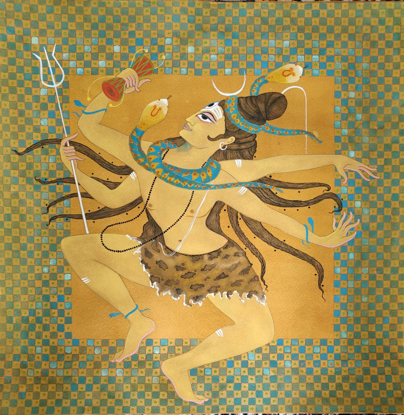 Shivtandav' religious mixed-media painting by artist Yojana Dehankar, 22x22 inch, on paper