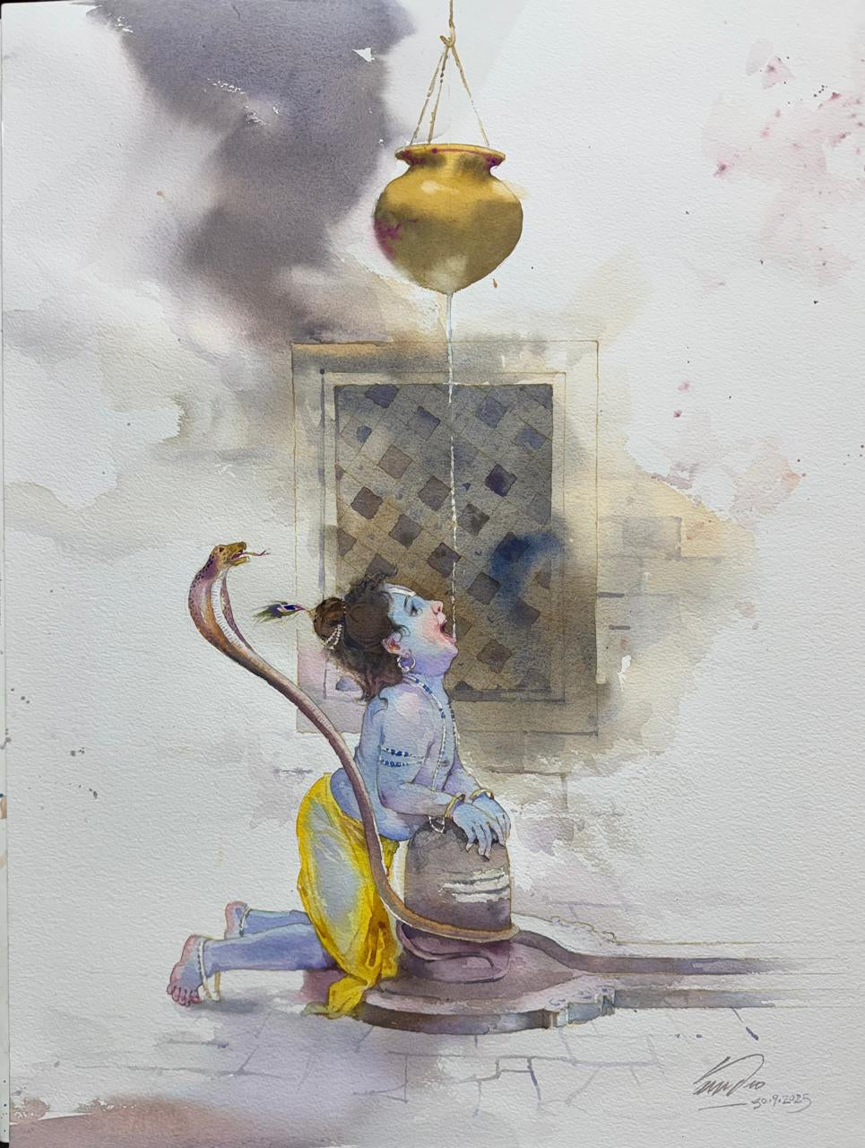 'Shovoham' religious watercolor painting by artist Vasudeo Kamath, 24x18 inch, on paper