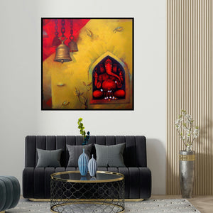 Sachin Akalekar's 'Shree Ganesh' painting visualized above a sofa in a contemporary room.