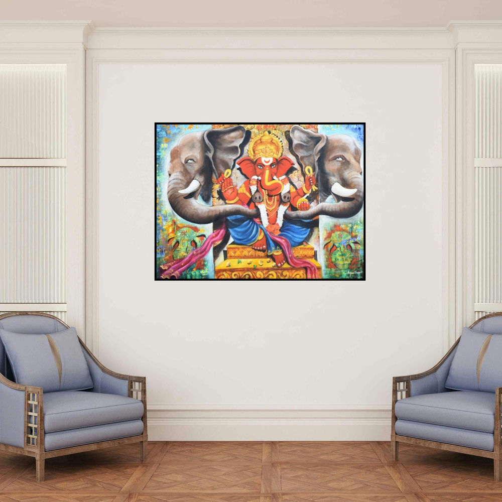 'Shree Ganesha (Ganesha Between Elephants)' painting by Arjun Das shown on a wall in a furnished room.