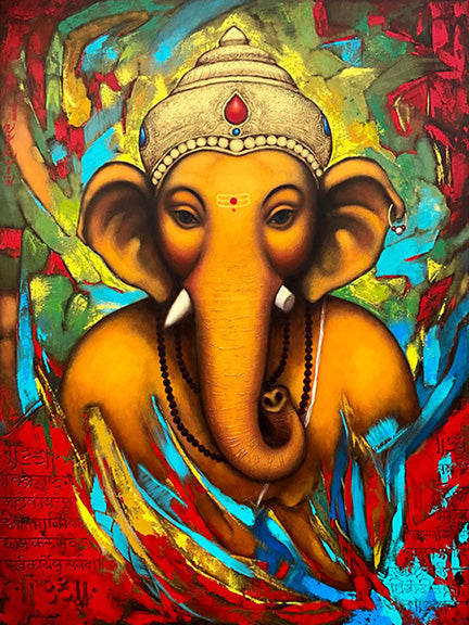 Shree Mangal Murti (Ganesha)' religious acrylic painting by artist Shankar Devarukhe, 48x36 inch, on canvas