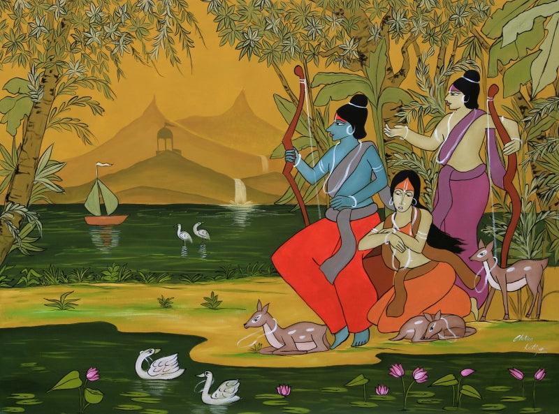 Religious acrylic painting titled 'Shree Ram Sita Laxman', 34x46 inches, by artist Chetan Katigar on Canvas