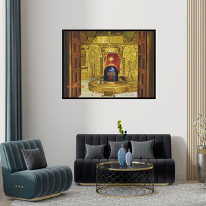 Preview of 'Shree Somnath Jyotirlinga (Sanctum of Somnath)' Painting by Kamal Rao shown on a wall in a furnished room.