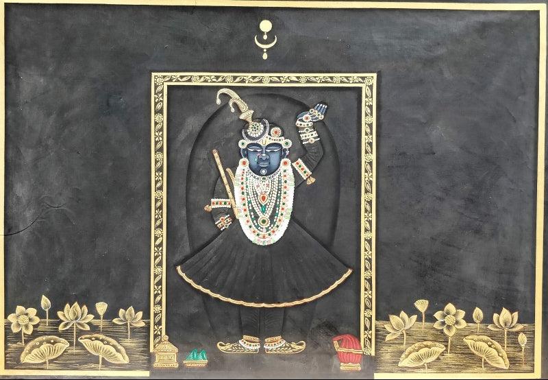 Religious pichwai traditional art titled 'Shrinathji', 24x36 inches, by artist Pichwai Art on Cloth