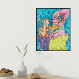 Bhawandla Narahari's 'Shringar 2 (Adornment)' painting visualized above a sofa in a contemporary room.