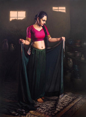 Figurative oil painting titled 'Shringar 3', 48x36 inches, by artist Mahesh Soundatte on Linen