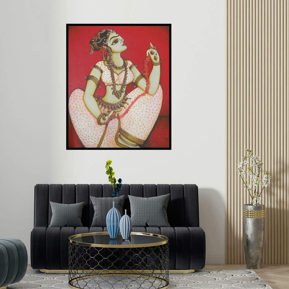 'Shringar (Garlands Grace)' painting by Rahul Phulkar shown on a wall in a furnished room.