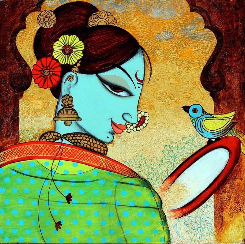 Figurative acrylic painting titled 'Shringar 5', 18x18 inches, by artist Varsha Kharatamal on Canvas
