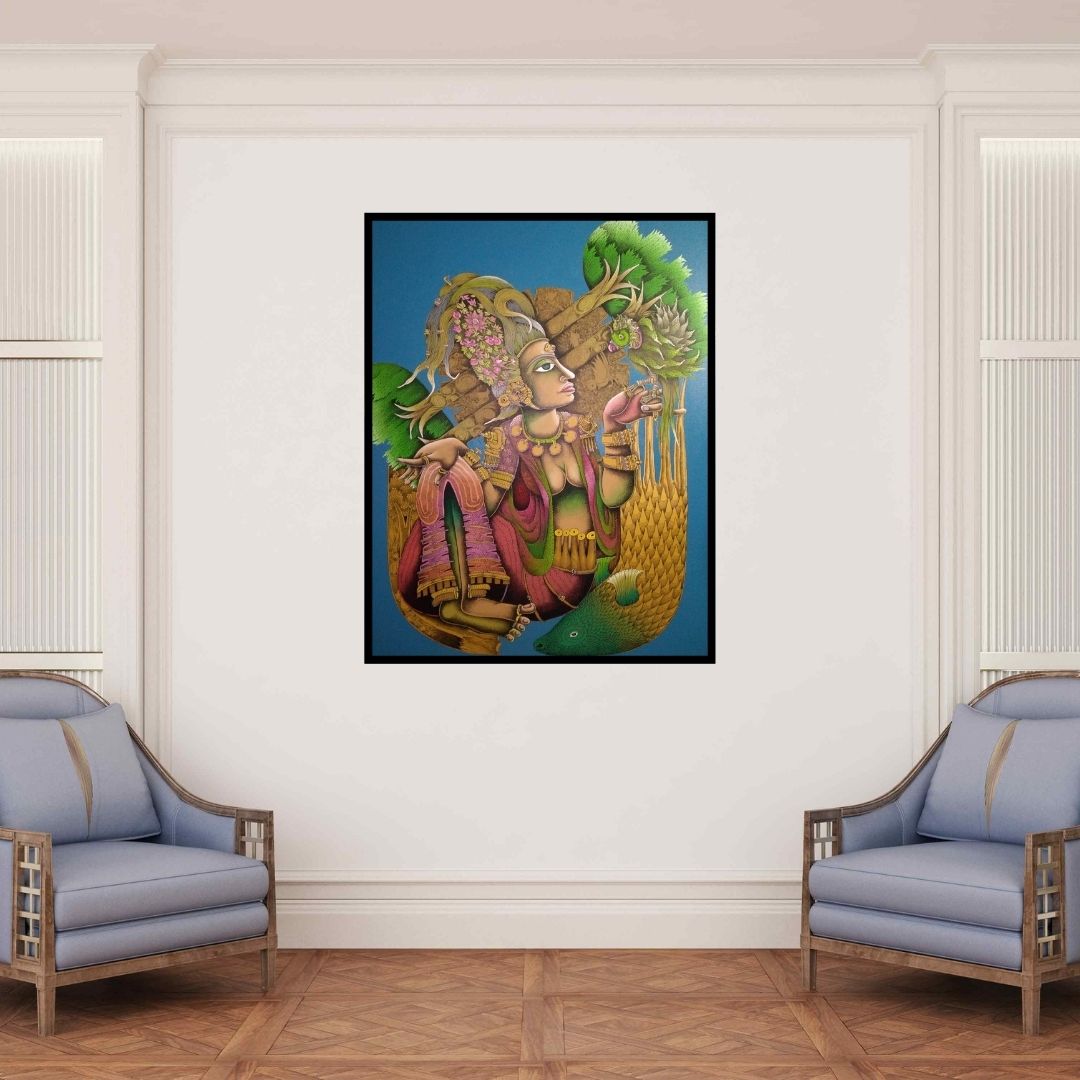 In-situ view of Jitendra Dangi's 'Shristi (Woman with Parrot)' painting in a room