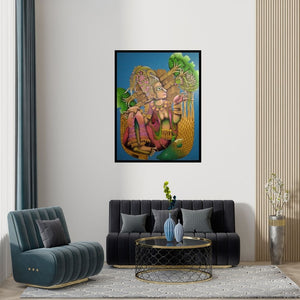 Preview of 'Shristi (Woman with Parrot)' Painting by Jitendra Dangi shown on a wall in a furnished room.