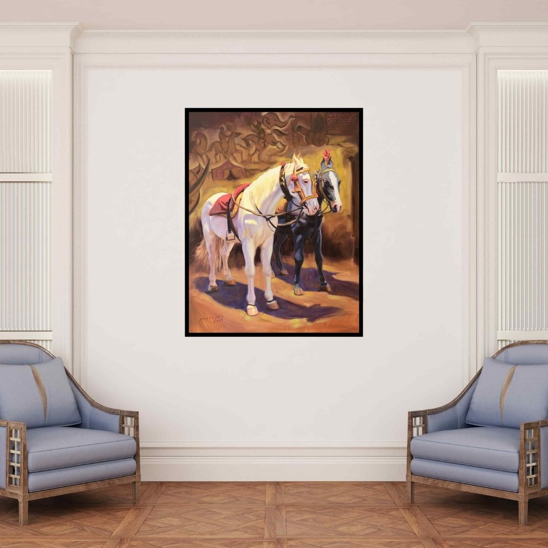 In-situ view of Swapniil Paatil's 'Shwet Bandh (Companionship in the Stable)' painting in a room