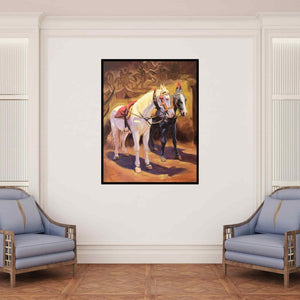 In-situ view of Swapniil Paatil's 'Shwet Bandh (Companionship in the Stable)' painting in a room