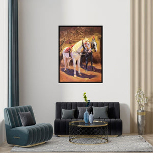 Preview of 'Shwet Bandh (Companionship in the Stable)' Painting by Swapniil Paatil shown on a wall in a furnished room.