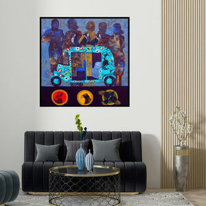 Harshada Kolapkar's 'Signal' painting visualized above a sofa in a contemporary room.