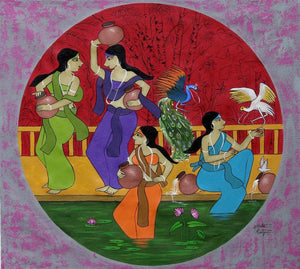 Silence Talk (Water Maidens) by Chetan Katigar, Original Acrylic Figurative Painting on Canvas, Medium Horizontal Wall Art