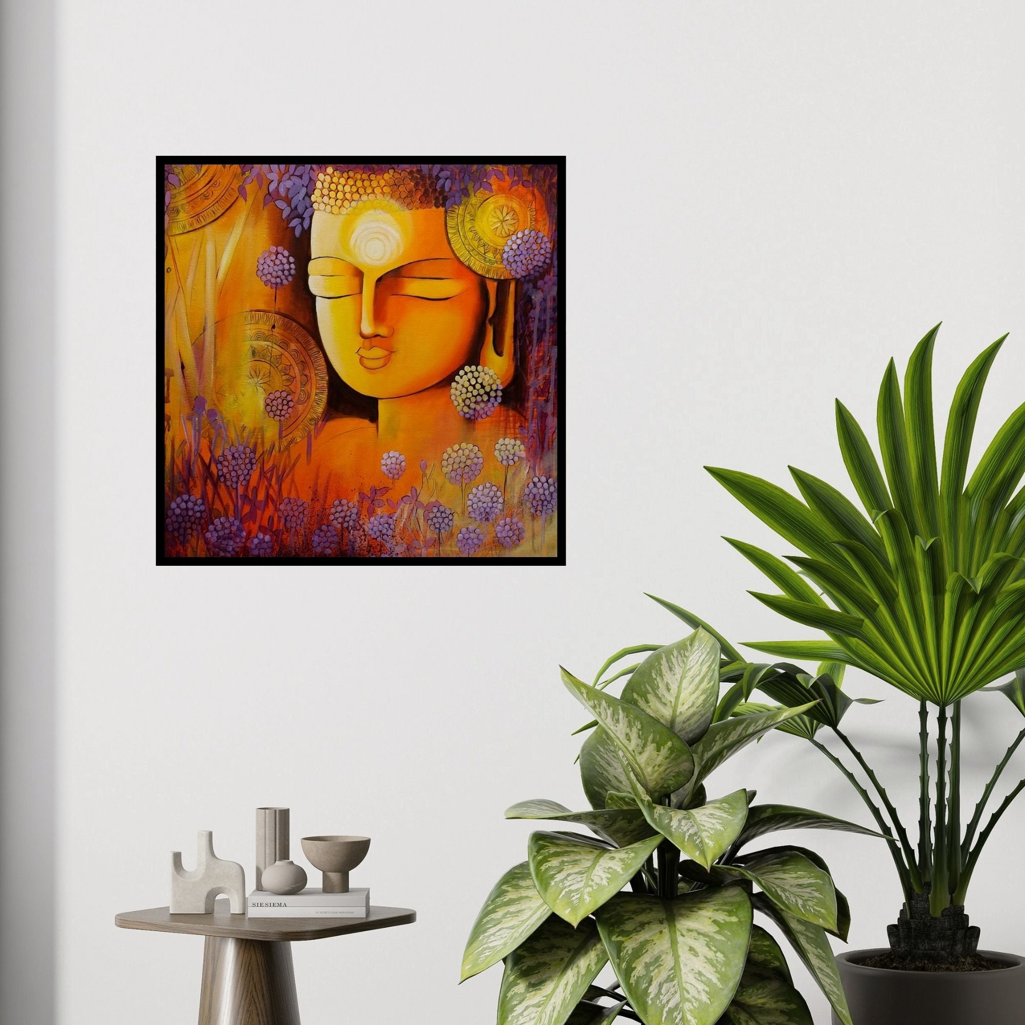 In-situ view of Nitu Chhajer's 'Silent Buddha' painting in a room