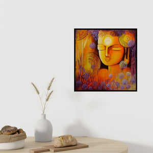 Preview of 'Silent Buddha' Painting by Nitu Chhajer shown on a wall in a furnished room.