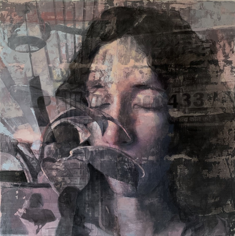 Silent Encounters' portrait mixed-media painting by artist Nilisha Phad, 39x39 inch, on canvas