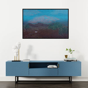 Preview of 'Silent As Grave (Serene Sunset)' Painting by Balaji Ponna shown on a wall in a furnished room.