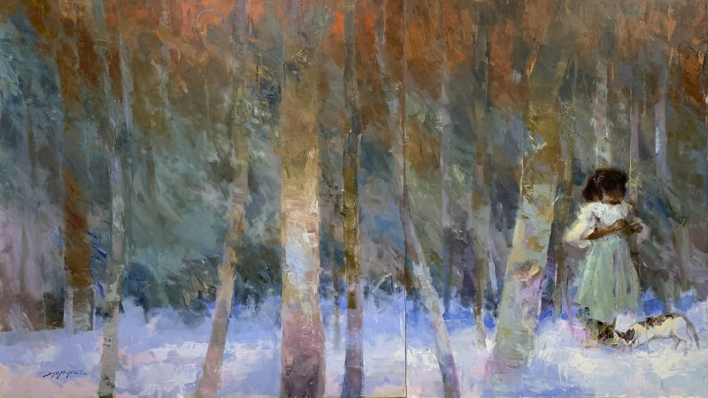 Silent Illumination (Diptych)' figurative oil painting by artist Shadab Kazi, 48x84 inch, on linen