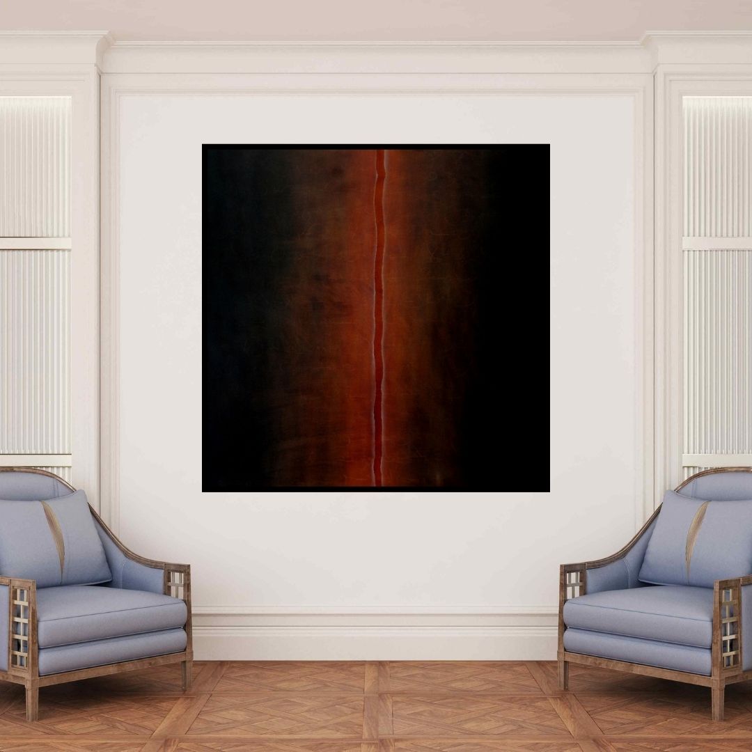 In-situ view of Pradeep Ahirwar's 'Silent Language 1 (Path of Fire)' painting in a room