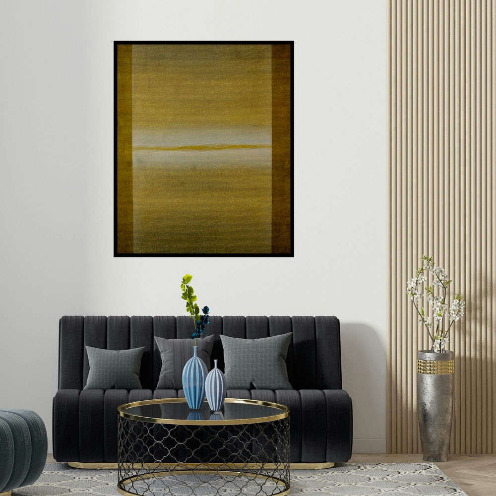 'Silent Language 3 (The Divide)' painting by Pradeep Ahirwar shown on a wall in a furnished room.