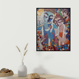 Subrata Ghosh's 'Silent Love 1 (Eternal Melody)' painting visualized above a sofa in a contemporary room.