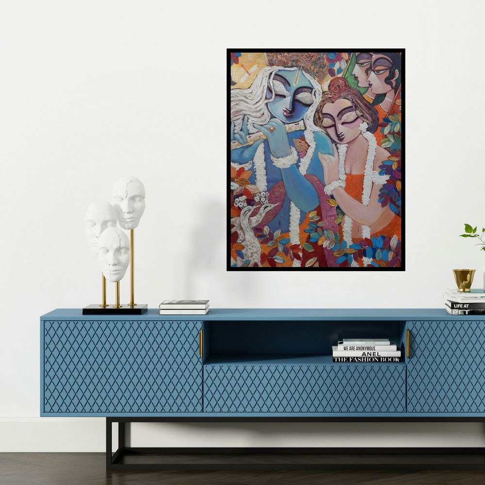 'Silent Love 1 (Eternal Melody)' painting by Subrata Ghosh shown on a wall in a furnished room.