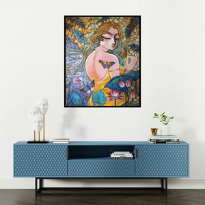 Subrata Ghosh's 'Silent Love 2' painting visualized above a sofa in a contemporary room.