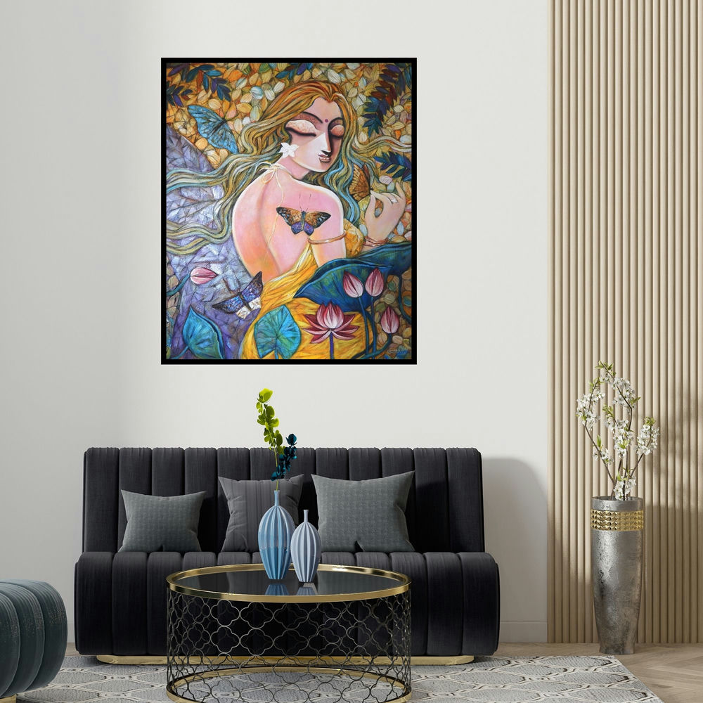 'Silent Love 2' painting by Subrata Ghosh shown on a wall in a furnished room.