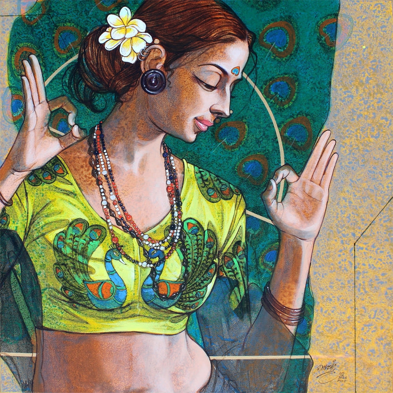 'The Silent Peacock Whisperer' figurative acrylic-charcoal painting by artist Ramchandra Kharatmal, 24x24 inch, on canvas