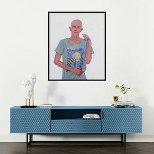 Ritesh Warambhe's 'Silent Scream 2' painting visualized above a sofa in a contemporary room.