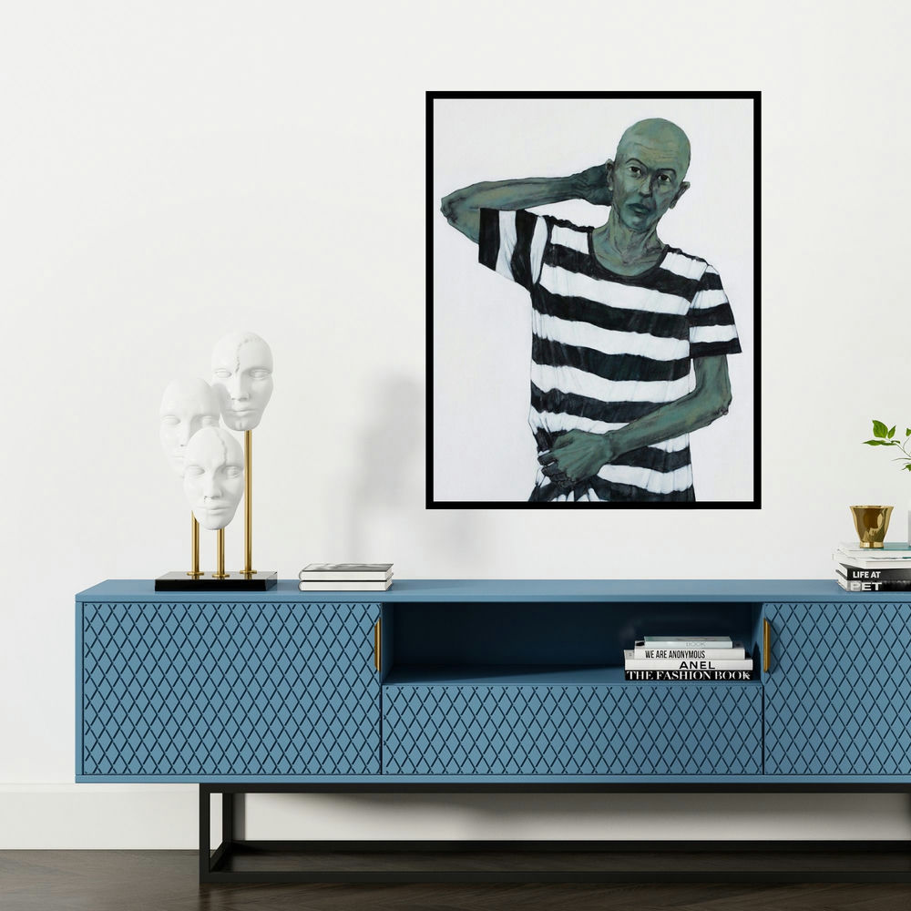 'Silent Scream (Self-Reflection)' painting by Ritesh Warambhe shown on a wall in a furnished room.