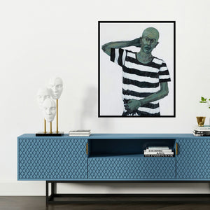 'Silent Scream (Self-Reflection)' painting by Ritesh Warambhe shown on a wall in a furnished room.