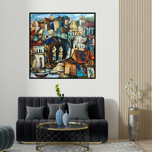 Fawad Tamkanat's 'Silent Town 2' painting visualized above a sofa in a contemporary room.