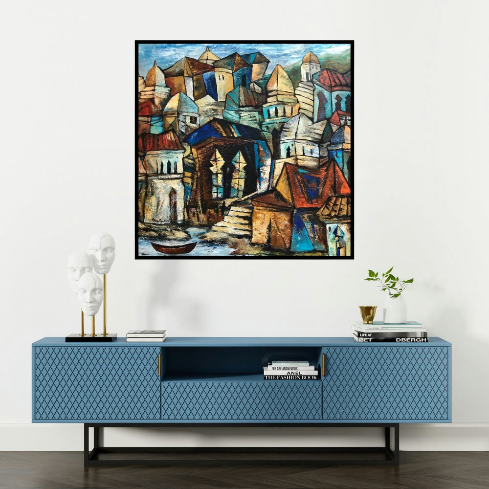 'Silent Town 2' painting by Fawad Tamkanat shown on a wall in a furnished room.