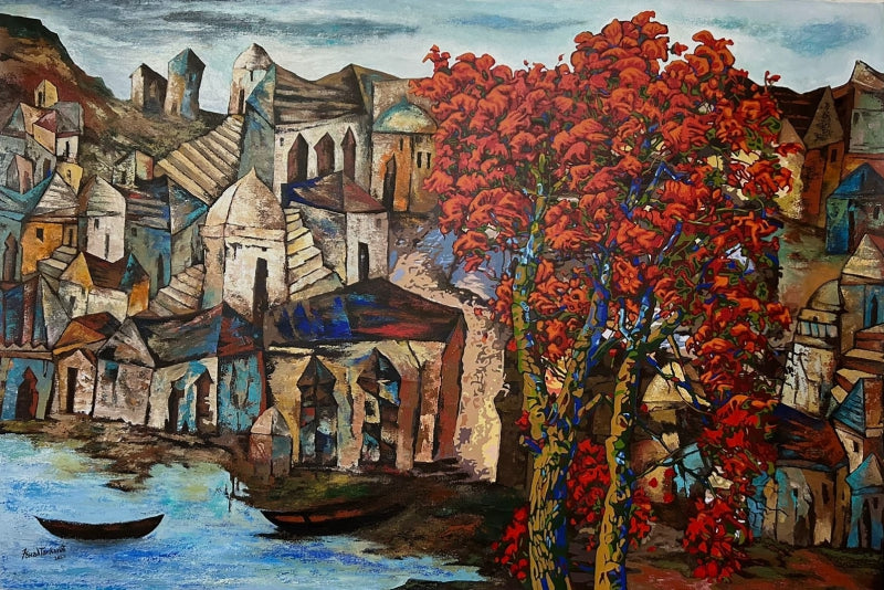 'Silent Town' cityscape acrylic painting by artist Fawad Tamkanat, 47x70 inch, on canvas
