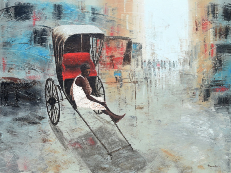 'Silent Wheels Of Kolkata' cityscape oil painting by artist Purnendu Mandal, 36x48 inch, on canvas