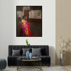 'Similarity (A City's Rhythm)' painting by Swapnil Pate shown on a wall in a furnished room.