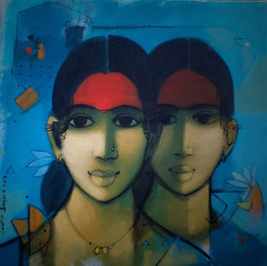 Figurative acrylic painting titled 'Simplicity', 18x18 inches, by artist Sachin Sagare on Canvas