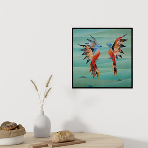 Preview of 'Simultaneous' Painting by Nirakar Chowdhury shown on a wall in a furnished room.