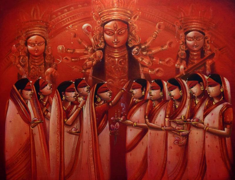 Religious acrylic painting titled 'Sindur Khela', 24x30 inches, by artist Sumon Naskar on Canvas