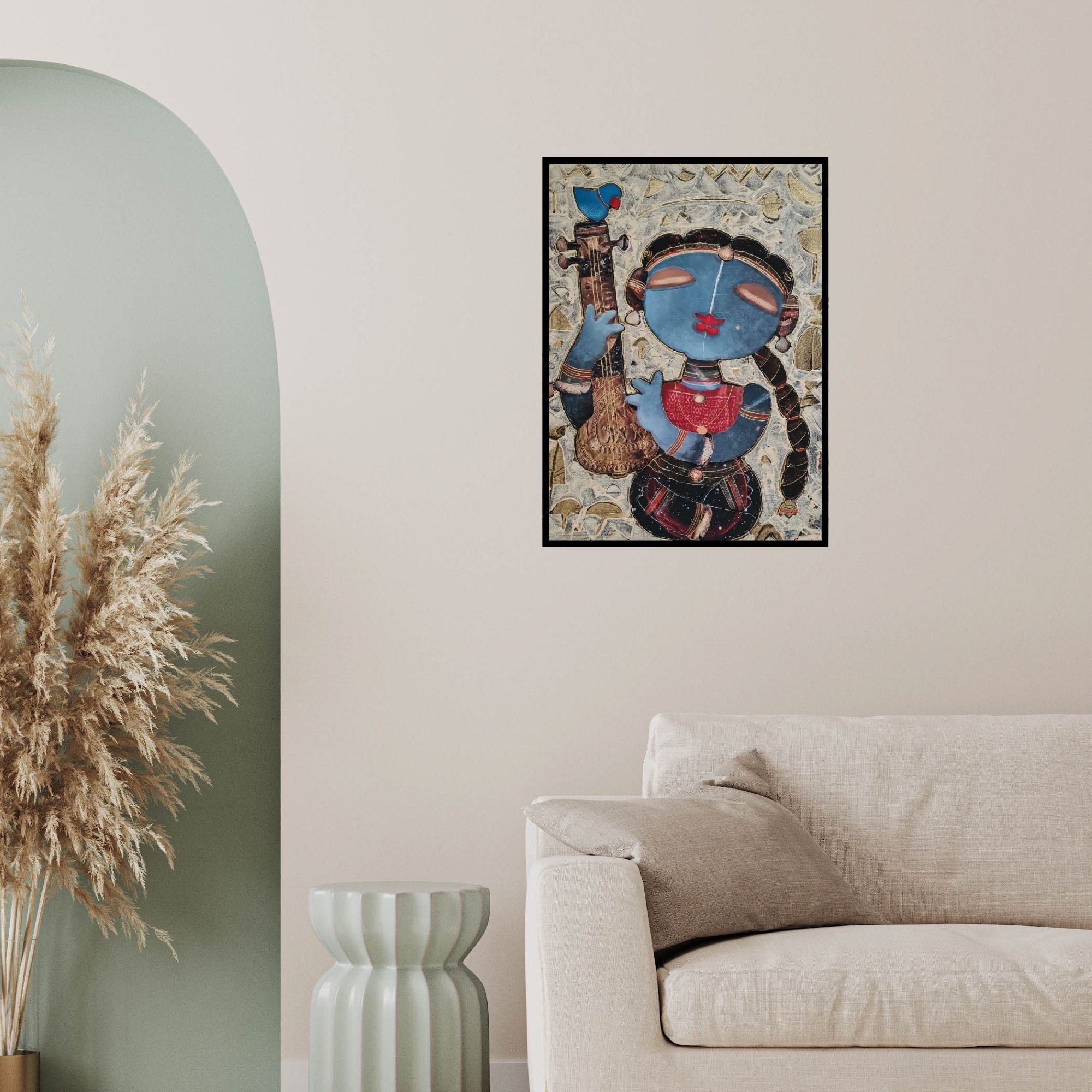 In-situ view of G Subramanian's 'The Singer (Celestial Serenade)' painting in a room