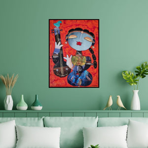 Preview of 'The Singer (Rhapsody in Blue)' Painting by G Subramanian shown on a wall in a furnished room.