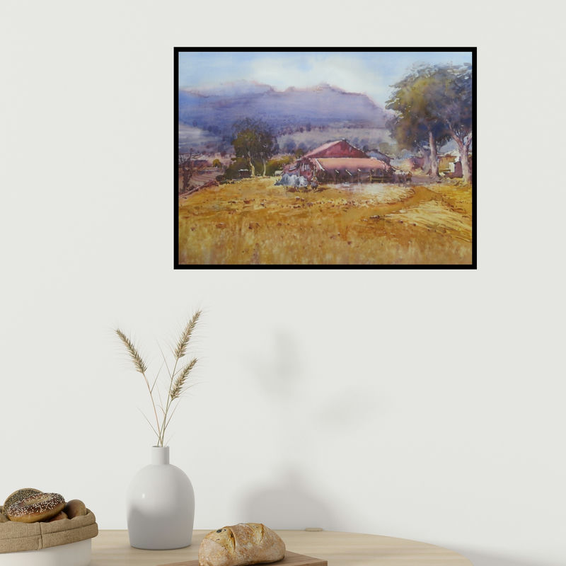 In-situ view of Amol Dubhele's 'Sinnar (Rural Indian Landscape)' painting in a room