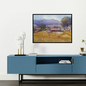 Preview of 'Sinnar (Rural Indian Landscape)' Painting by Amol Dubhele shown on a wall in a furnished room.