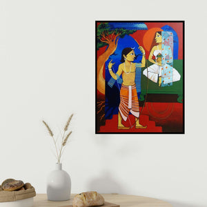 Prakash Pore's 'Sita Swayamwar (The Divine Match)' painting visualized above a sofa in a contemporary room.