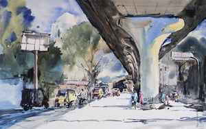 Sitaburdi Overbridge (Urban Transit) by Ghanshyam Dongarwar, Original Watercolor Cityscape Painting on Paper, Small Horizontal Wall Art