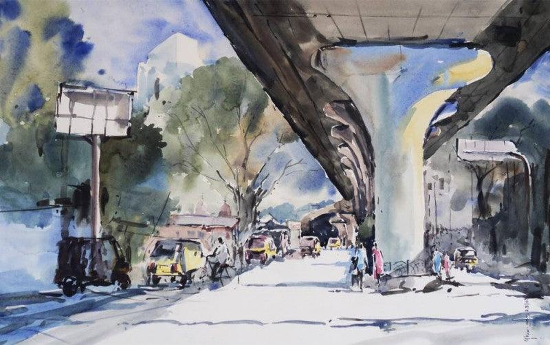 Cityscape watercolor painting titled 'Sitaburdi Overbridge', 12x18 inches, by artist Ghanshyam Dongarwar on paper