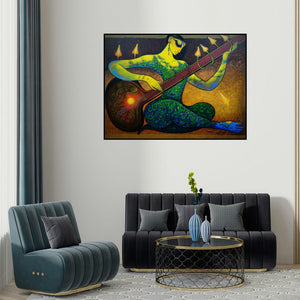 'Sitar (Sitar Melody)' painting by Ramesh Gujar shown on a wall in a furnished room.